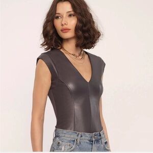 Women's V-Neck Leather Top - Dark Gray
